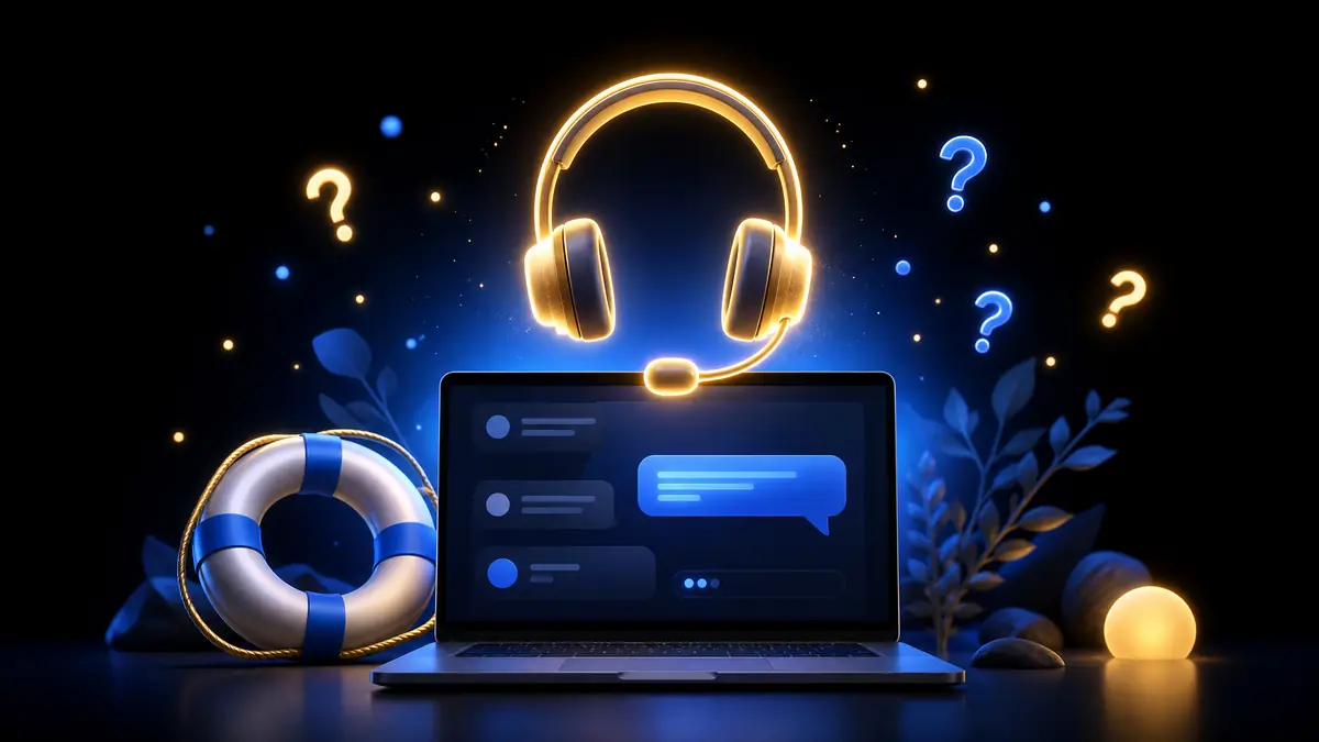 Headset layanan pelanggan di atas laptop dengan gelembung chat
