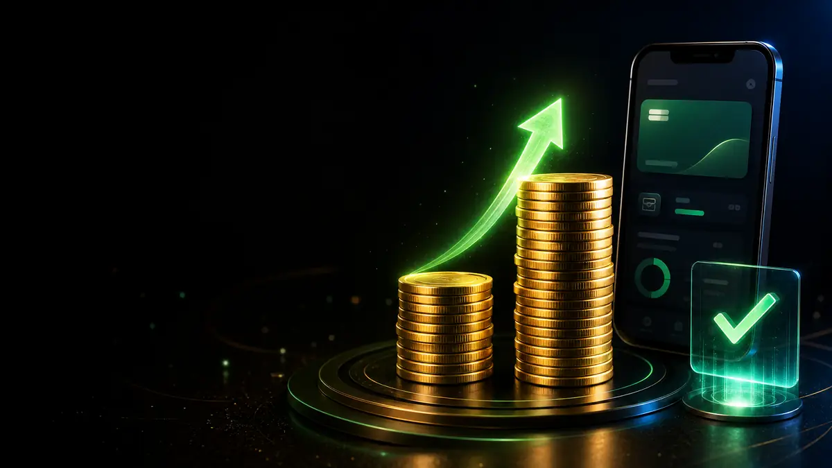 Ilustrasi bonus deposit pertama dengan tumpukan koin dan panah naik