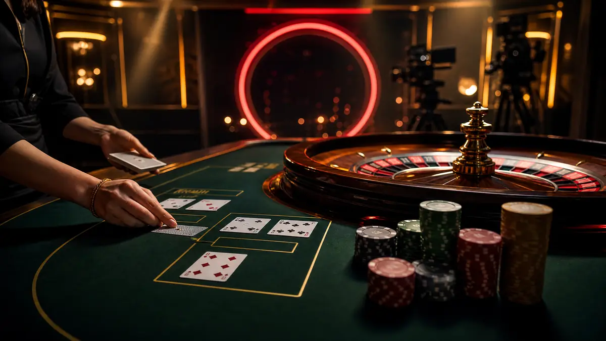 Meja live casino dengan dealer, kartu baccarat, dan roda roulette