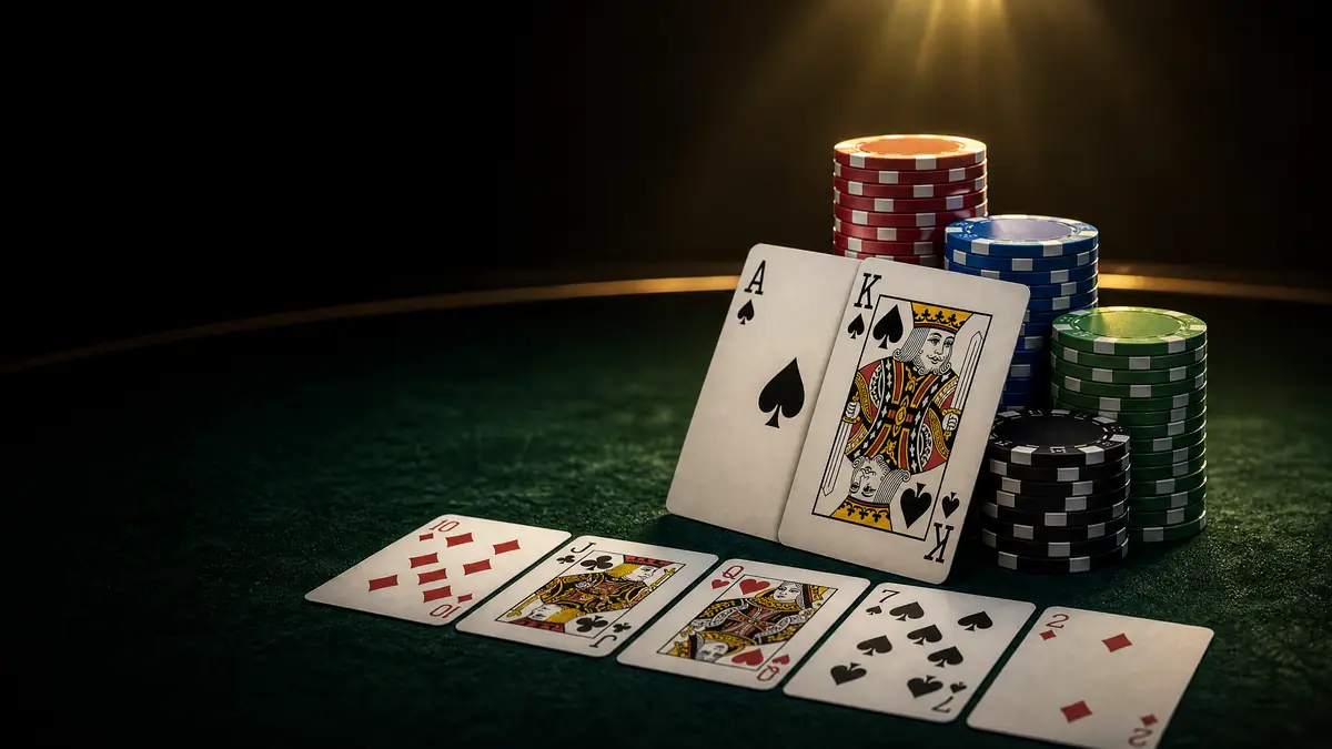 Kartu poker ace dan king of spades dengan tumpukan chip