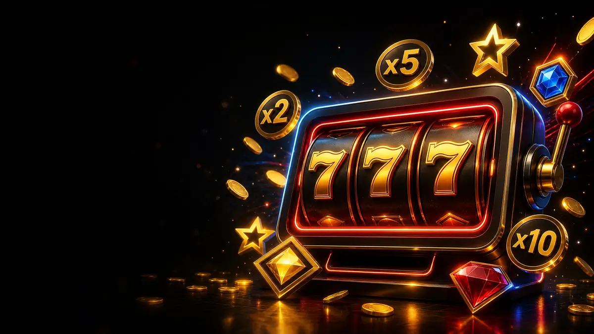 Ilustrasi mesin slot online dengan simbol multiplier dan koin emas