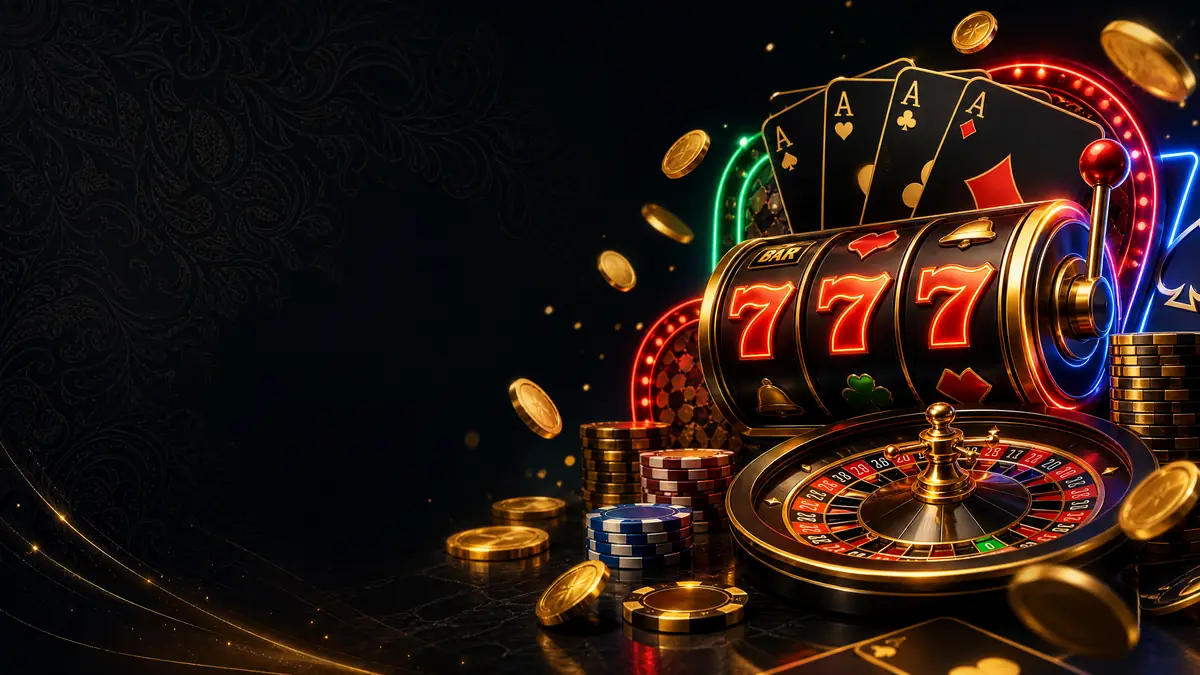 Suasana lobi permainan Mpo1221 dengan slot, roulette, dan kartu